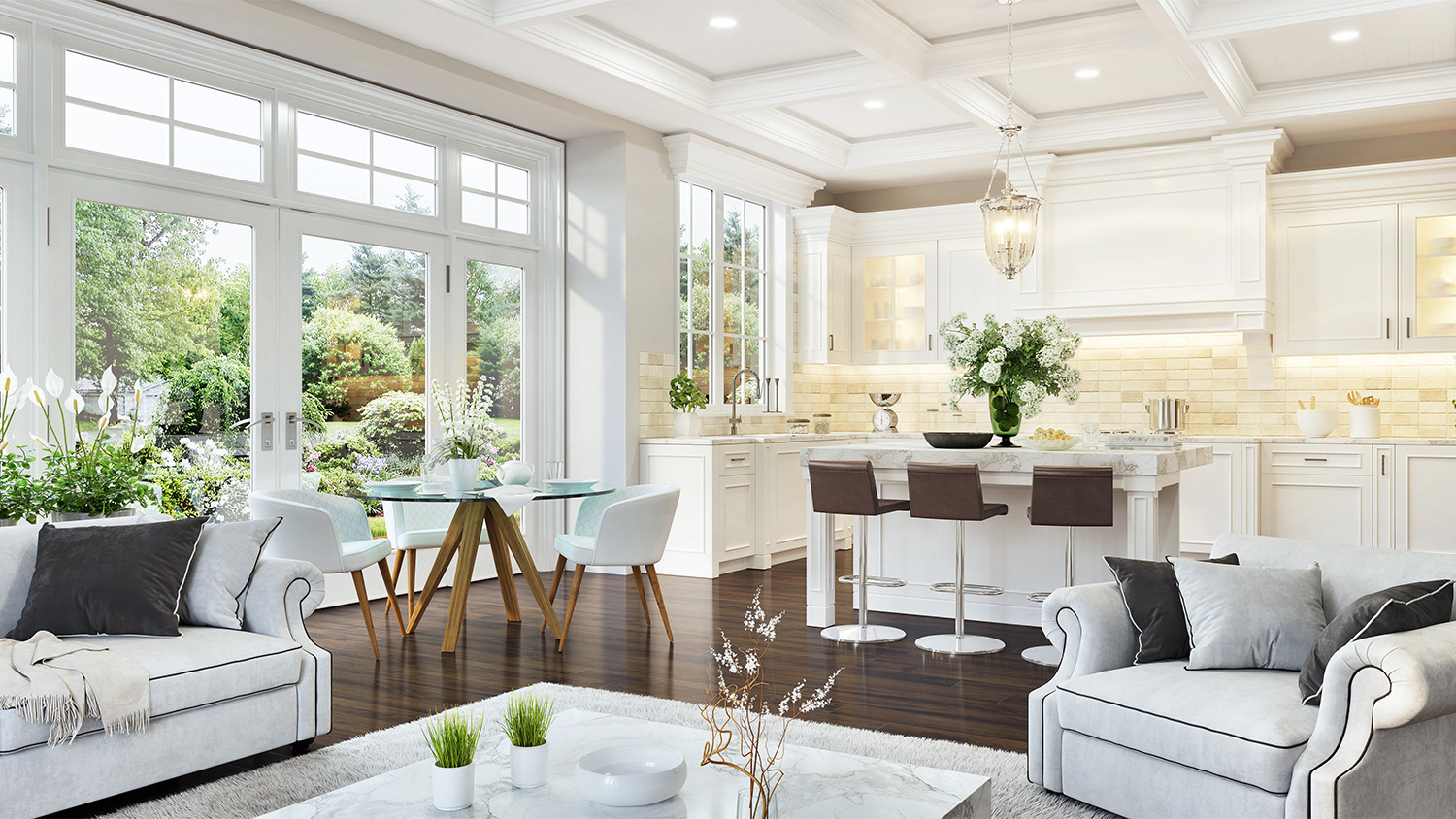 luxurious interior design of living room and kitchen